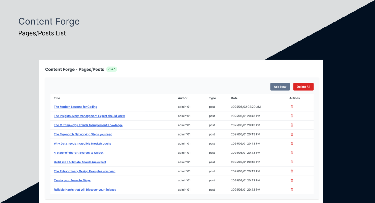Content Forge WordPress plugin interface showing the content generation dashboard