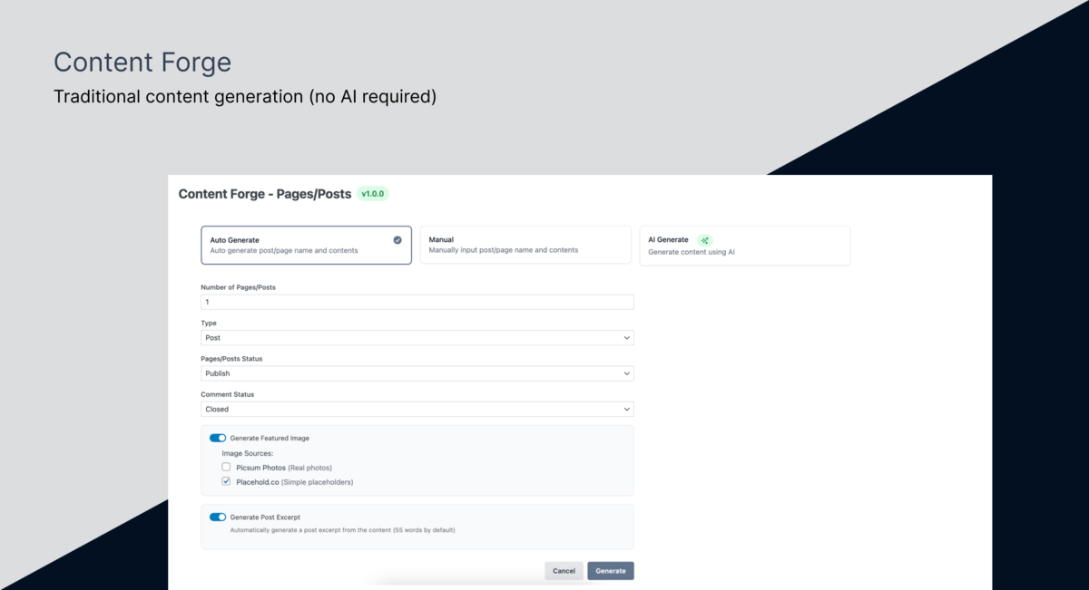 Content Forge settings page with AI provider configuration options