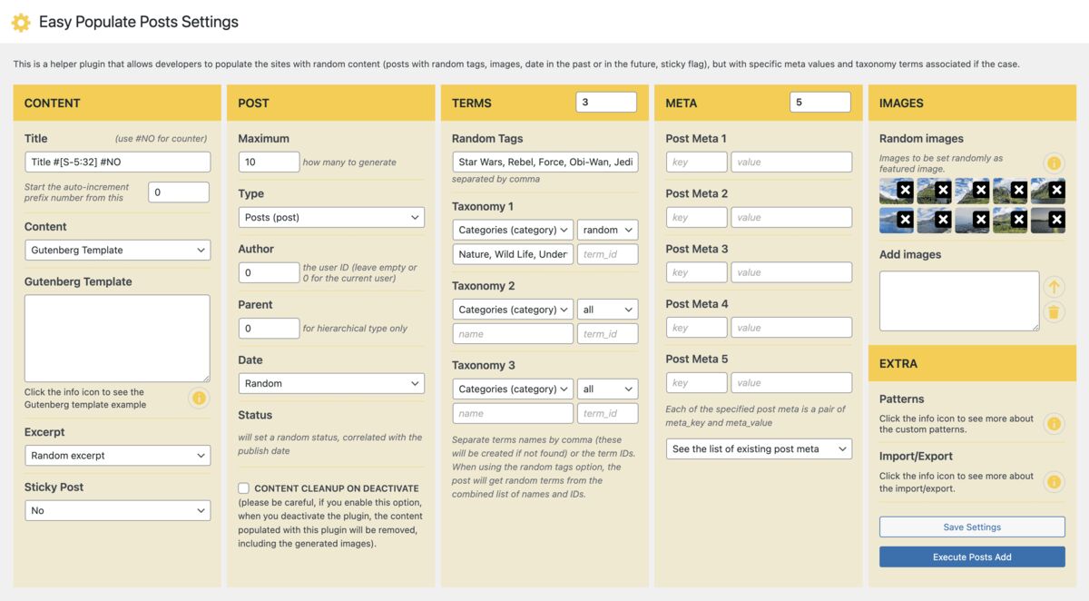 Easy Populate Posts settings page showing hook-based configuration and post generation options