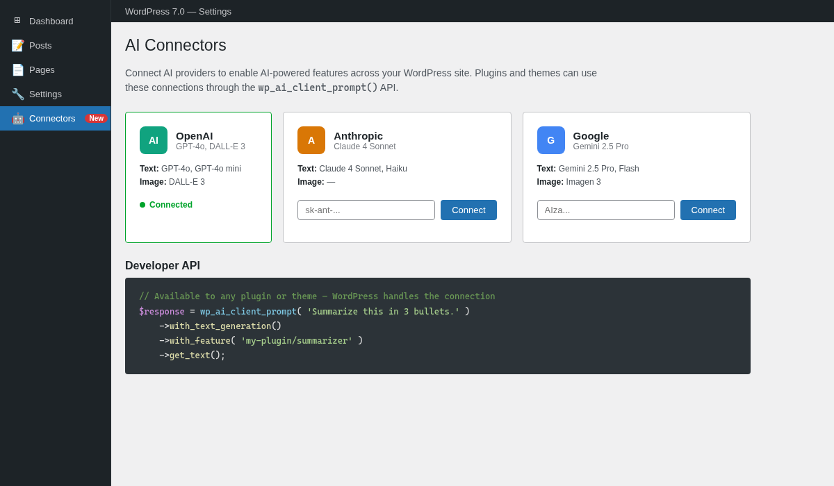 WordPress 7 AI Connectors settings page